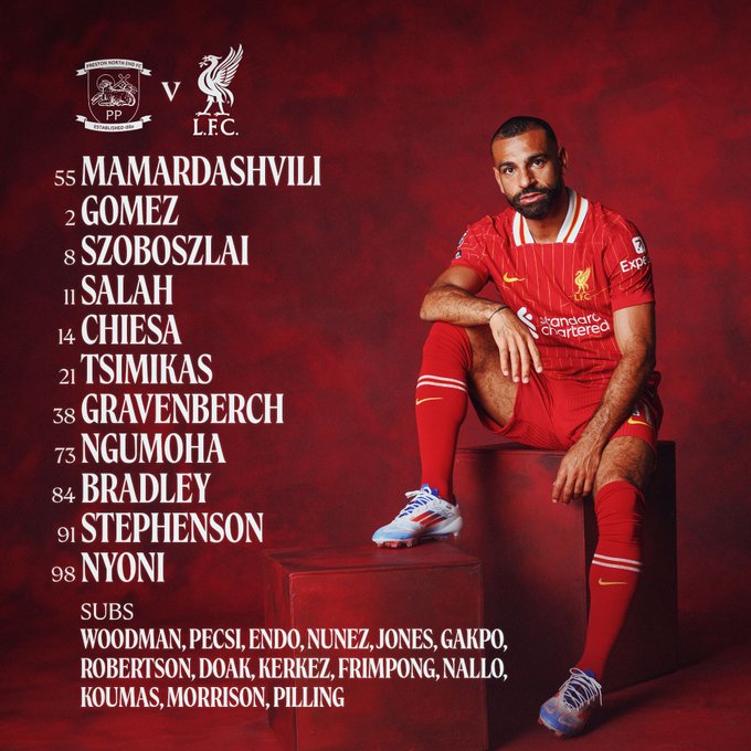 利物浦vs普雷斯顿:维尔茨缺席,马马尔达、基耶萨、萨拉赫首发